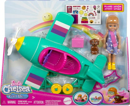 Barbie Chelsea Can Be… Conjunto de boneca e avião, aeronave de 2 lugares com hélice giratória Daisy e 7 acessórios, incluindo cachorrinho e adesivos, HTK38