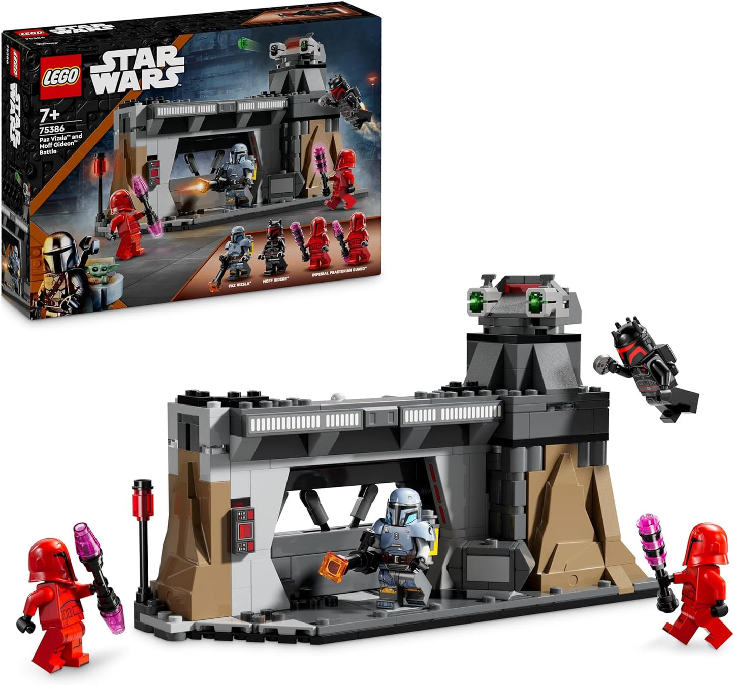 LEGO Star Wars: The Mandalorian Paz Vizsla e Moff Gideon Battle, brinquedo de construção colecionável para crianças, com minifiguras de 4 personagens, ideia criativa de presente para meninos e meninas de 7 anos ou mais 75386