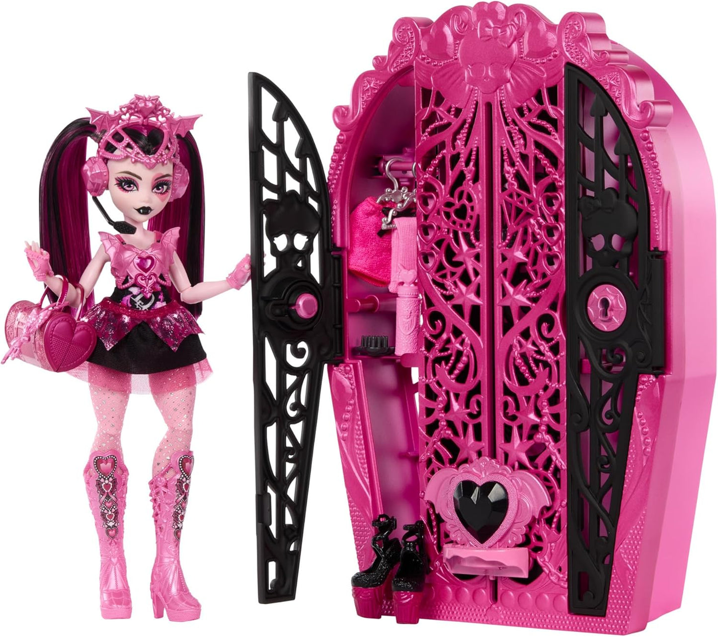 Monster High Conjunto de bonecas e acessórios Skulltimate Secrets, Monster Mysteries Draculaura com armário de vestir e mais de 19 surpresas, incluindo roupas de boneca, HXH84