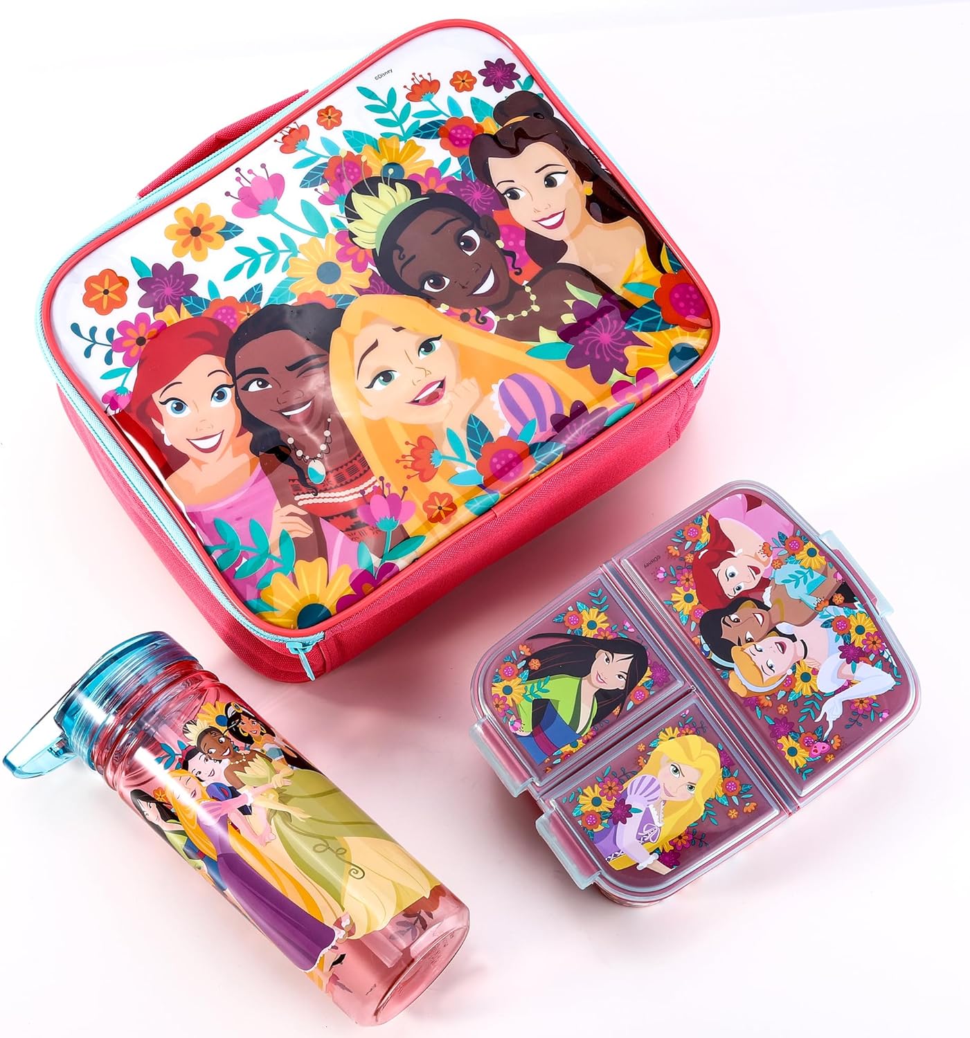 Zawadi Global Conjunto de lancheira infantil Disney Princess Kids - lancheira isolada, lancheira com vários compartimentos e garrafa de água de 580 ml - conjunto de comida para almoço de viagem escolar, sem BPA