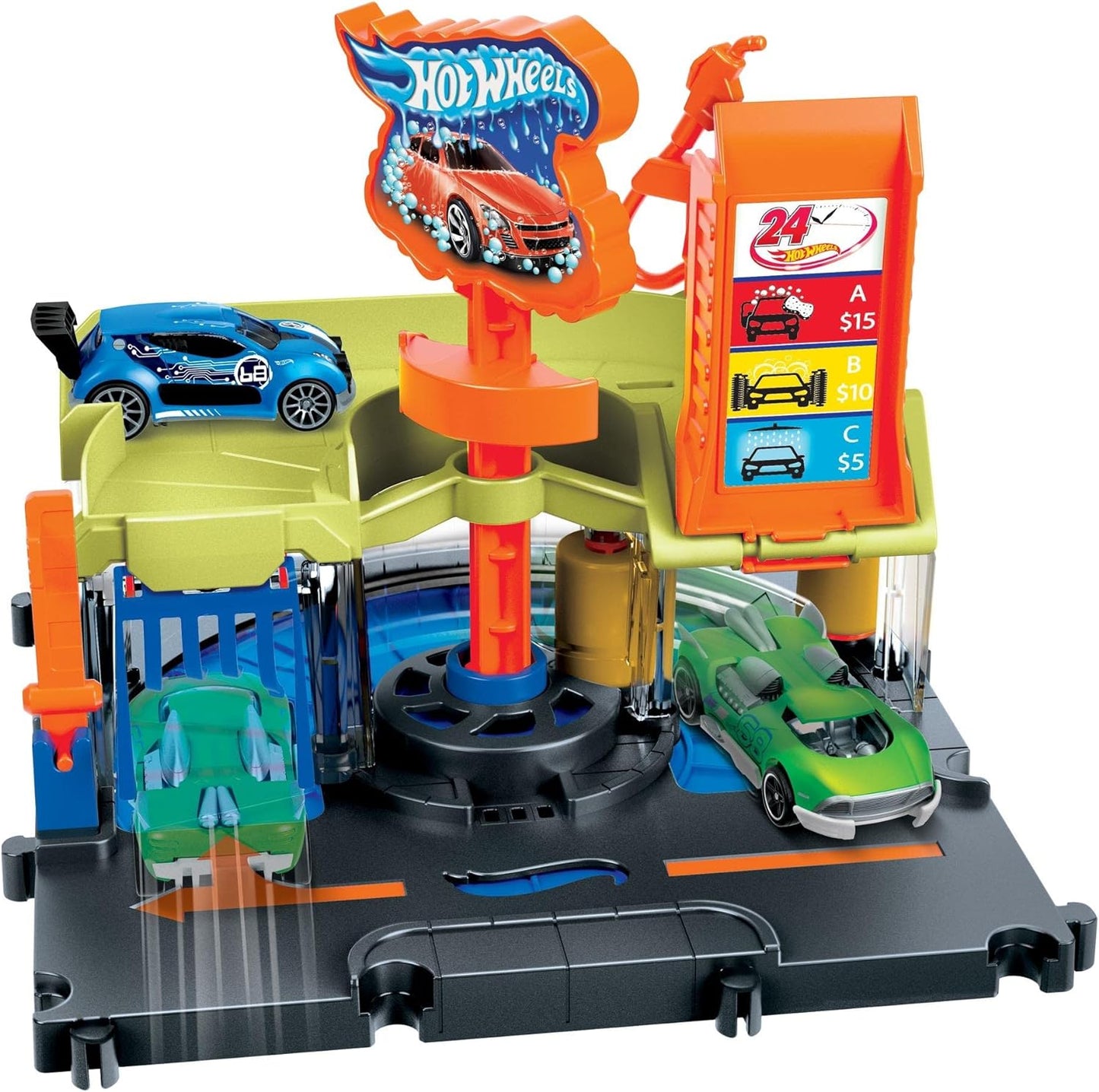 HOT WHEELS City Downtown Spielset Eiskrem-Strudel - Rennbahn-Action com manuellem Aufzug, Eiskrem-Wirbel e herunterklappbarer Rampe, incluindo 1 Hot Wheels Auto, para crianças de 4 anos, HKX38