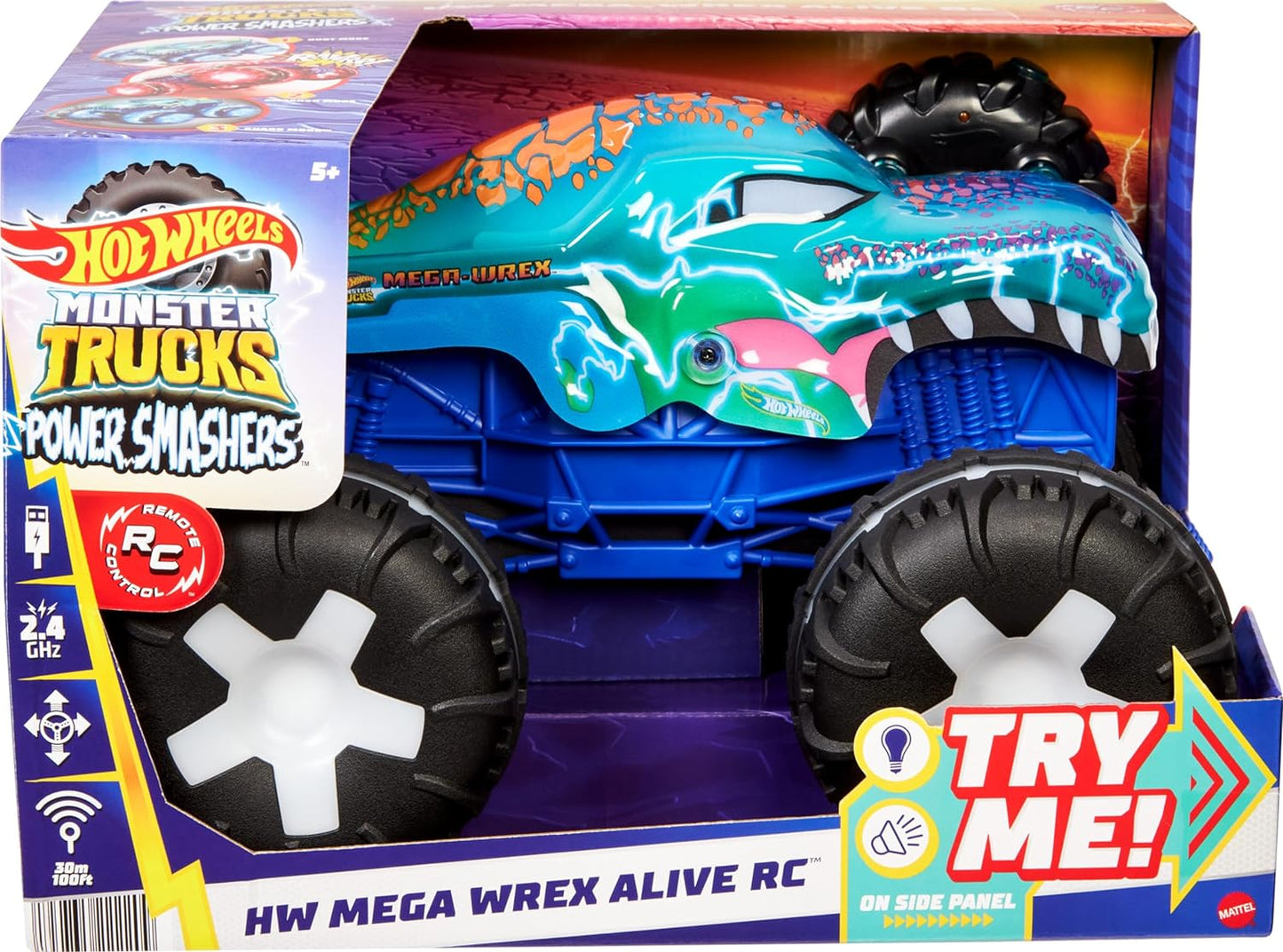 Hot Wheels Carro de controle remoto Monster Trucks, escala 1:15 Mega-Wrex Alive Veículo RC movido a bateria com luzes e sons