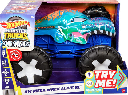 Hot Wheels Carro de controle remoto Monster Trucks, escala 1:15 Mega-Wrex Alive Veículo RC movido a bateria com luzes e sons