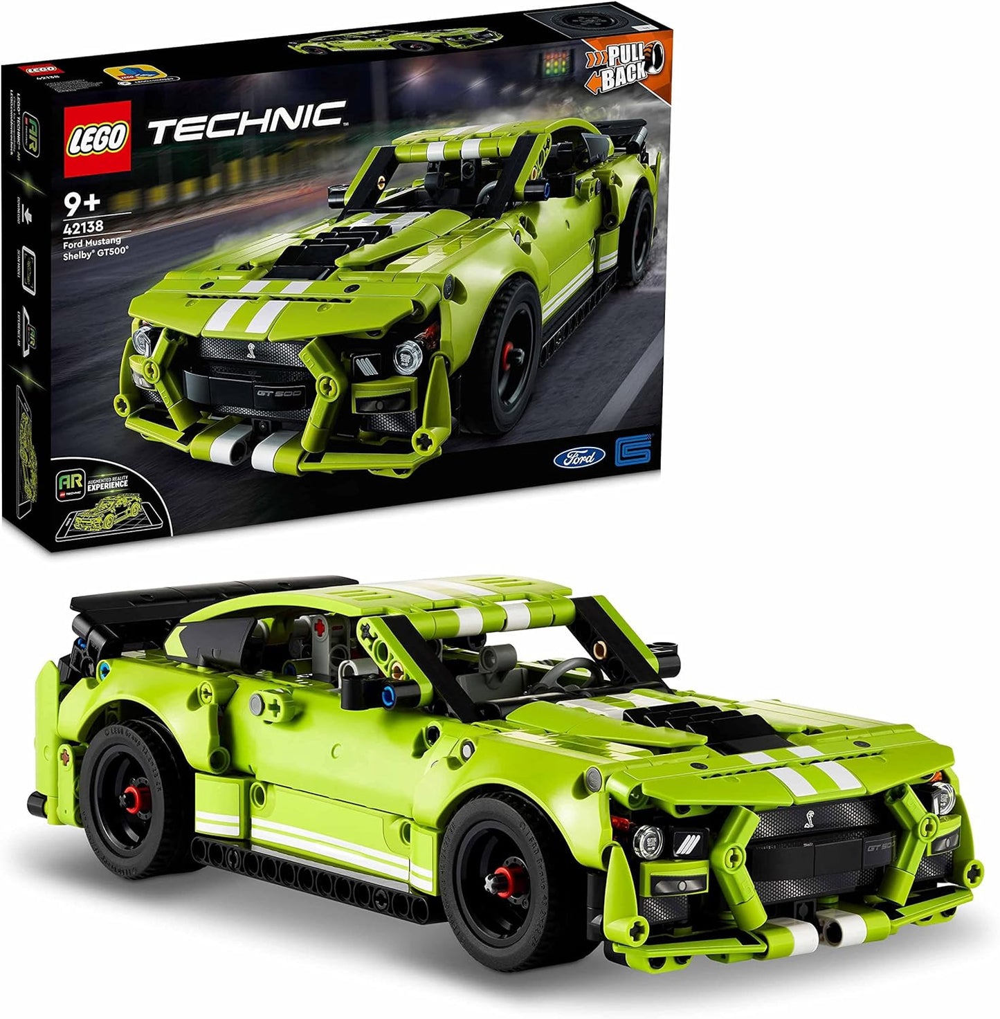 LEGO Conjunto Technic Ford Mustang Shelby GT500, kit de construção de modelo de carro de corrida de brinquedo Pull Back Drag, presentes para crianças e adolescentes com recurso AR App Play 42138