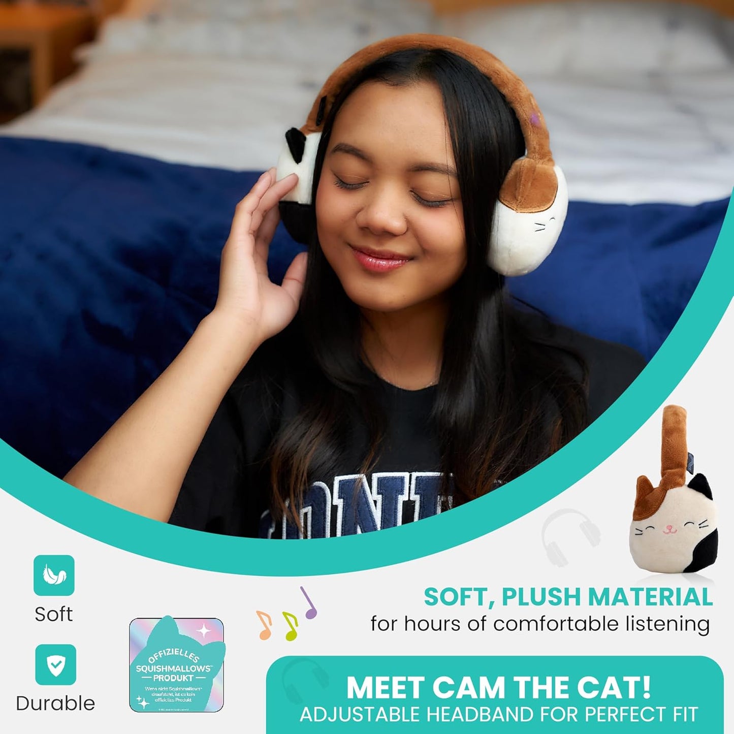 Squishmallows Cam The Cat Plush Fones de ouvido Bluetooth com microfone embutido para fazer e receber chamadas. Alcance Bluetooth de 10 metros, controle de volume