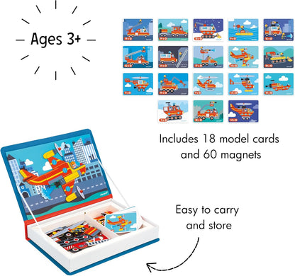 Janod - Magnéti'Book Firefighters - Jogo educativo de 60 ímãs com 18 cartas modelo - Brinquedo infantil de papelão FSC - Desenvolve destreza e criatividade - 3 anos +