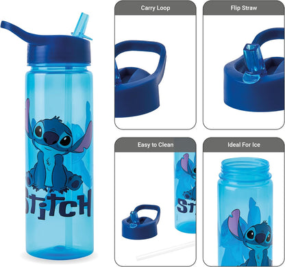 Botella de agua Disney Stitch con pajita abatible de 600 ml - Productos oficiales Polar Gear - Reutilizable para niños, antiderrames, sin BPA, plástico reciclable, ideal para la escuela, guardería, deportes, picnic, azul