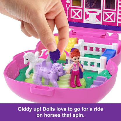 Polly Pocket Dolls e Playset, Pony Rodeo Compact, brinquedo de viagem com 1 micro boneca, cavalos de estimação, acessórios de estilo de comida e moda, JCR39