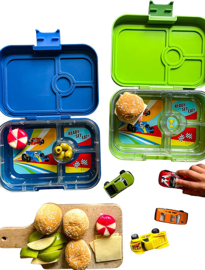 Yumbox yumbox Panino Recipiente de lancheira Bento à prova de vazamentos para crianças e adultos (Monte Carlo Blue (bandeja para carros de corrida))