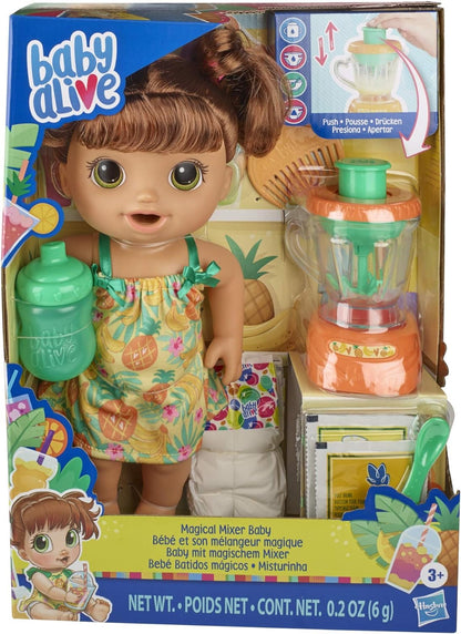 Muñeca Baby Alive Magical Mixer Tropical Treat con accesorios para licuadora, bebidas, remojos, comidas, juguete de cabello castaño para niños a partir de 3 años