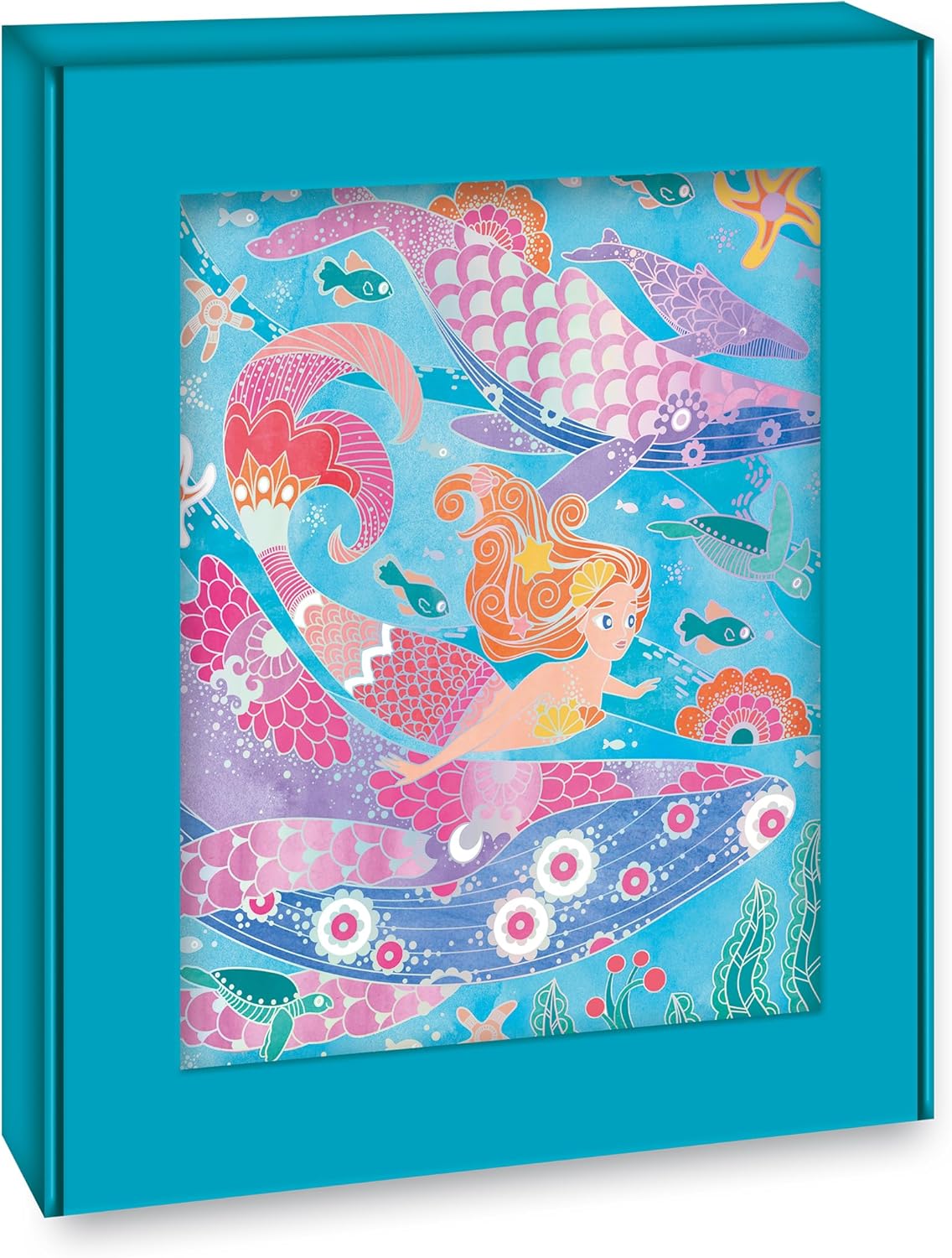 Janod - 4 Cuadros con Líneas Plateadas - Pintura en Acuarela - Tema Sirena - Océano Mágico - Kit de Ocio Creativo Infantil - Aprendizaje de la Motricidad Fina y la Concentración - A Partir de 7 Años