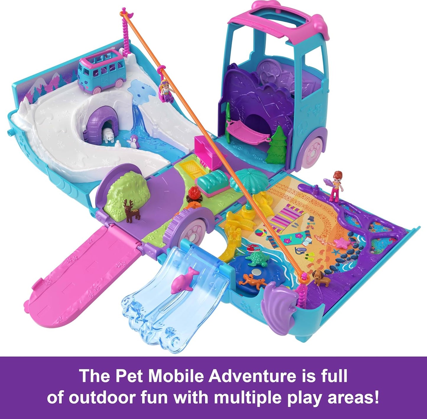 Polly Pocket Micro Dolls e veículo camper van transformador, acessórios incluem animais de estimação e carro de brinquedo, conjunto de jogos de aventura móvel para animais de estimação, JCC22