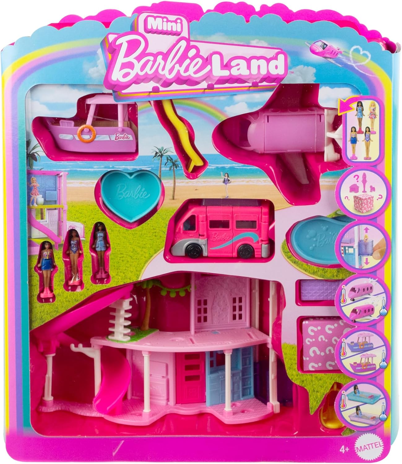 Barbie Bonecas e acessórios MiniLand, pacote incluindo mini casa, mini avião, mini barco, mini trailer e muito mais, JDB86