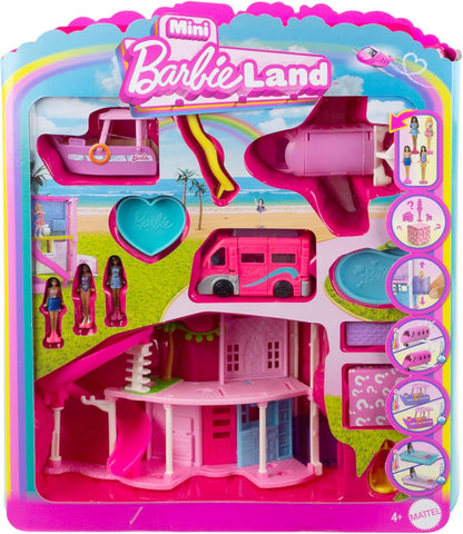 Barbie Bonecas e acessórios MiniLand, pacote incluindo mini casa, mini avião, mini barco, mini trailer e muito mais, JDB86