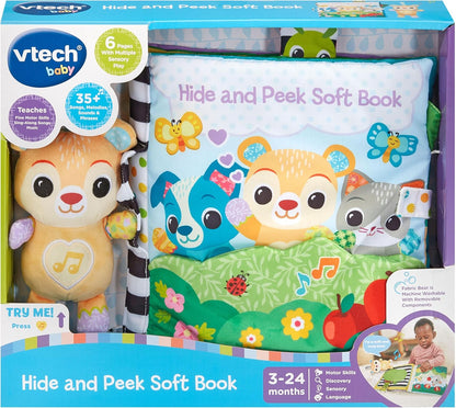 VTech Livro macio Baby Hide and Peek, livro sensorial com 6 páginas táteis, melodias e canções e urso destacável, brinquedo interativo, presente para bebês de 3, 6, 12, 18 meses ou mais, versão em inglês