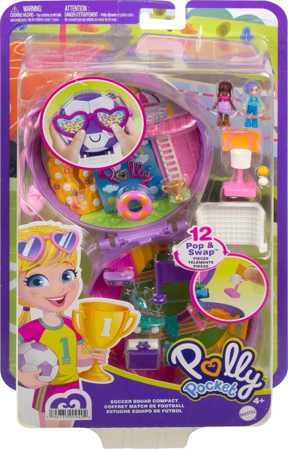 Polly Pocket Boneca e acessórios, compacto com bonecas Micro Bella e Friend, 5 revelações, time de futebol, HCG14