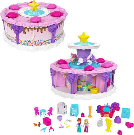 Polly Pocket Contagem regressiva do bolo de aniversário GYW06 para a semana de aniversário, formato e pacote de bolo de aniversário, 7 áreas de lazer, 25 surpresas, multicolorido, 10,16 cm * 18,66 cm * 18,66 cm