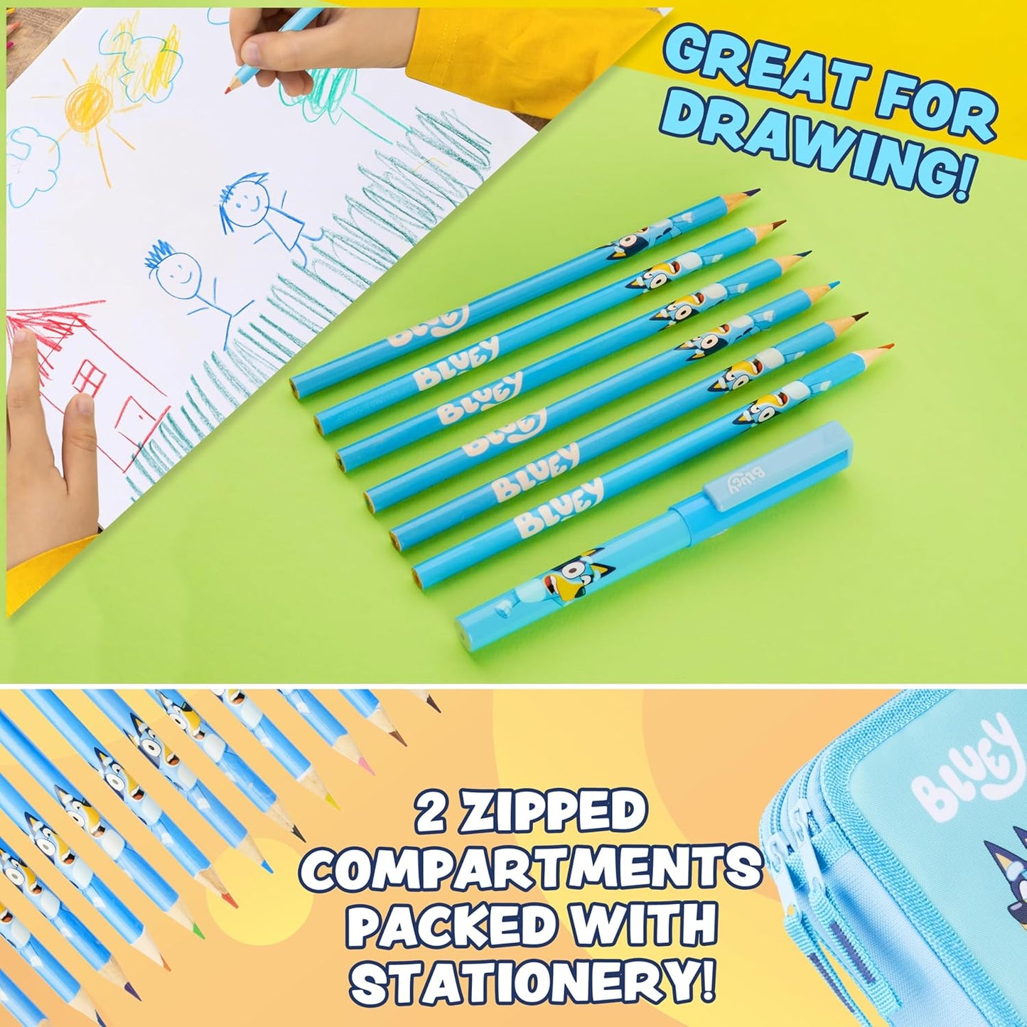 Bluey Kids Estuche Completo con 2 Compartimentos, Papelería Incluida - Material Escolar Primaria