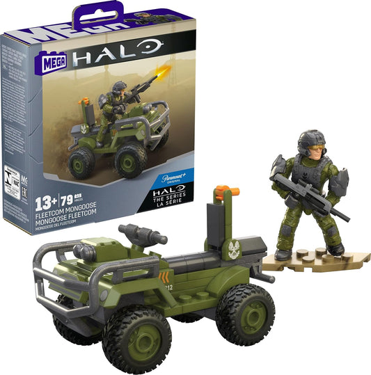 Mega Conjunto de brinquedos de construção Halo The Series ATV, veículo FLEETCOM Mongoose com 79 peças, 1 figura de articulação articulável, verde, crianças ou adultos