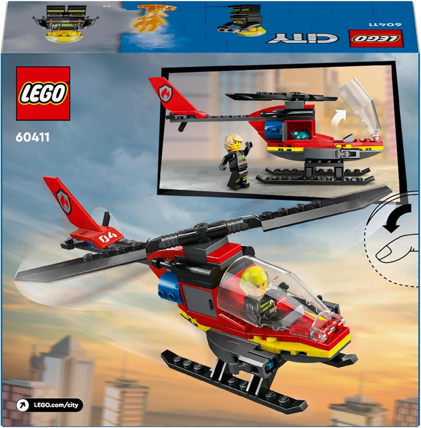 LEGO  Brinquedo de helicóptero de resgate de bombeiros urbanos para meninos e meninas de 5 anos ou mais, conjunto de construção de veículos com minifigura piloto de bombeiro, presente de brincadeira imaginativo para crianças 60411