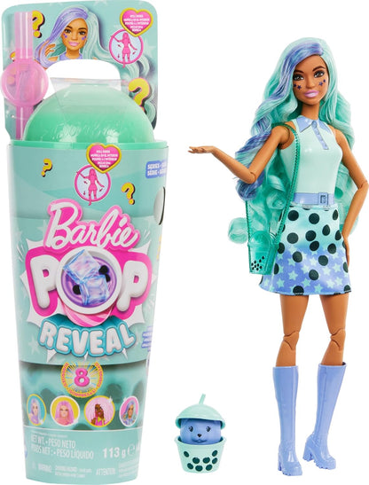 Barbie Boneca Pop Reveal Bubble Tea Series e acessórios com boneca fashion e animal de estimação, 8 surpresas incluem mudança de cor, copo com armazenamento (os estilos podem variar), HTJ21