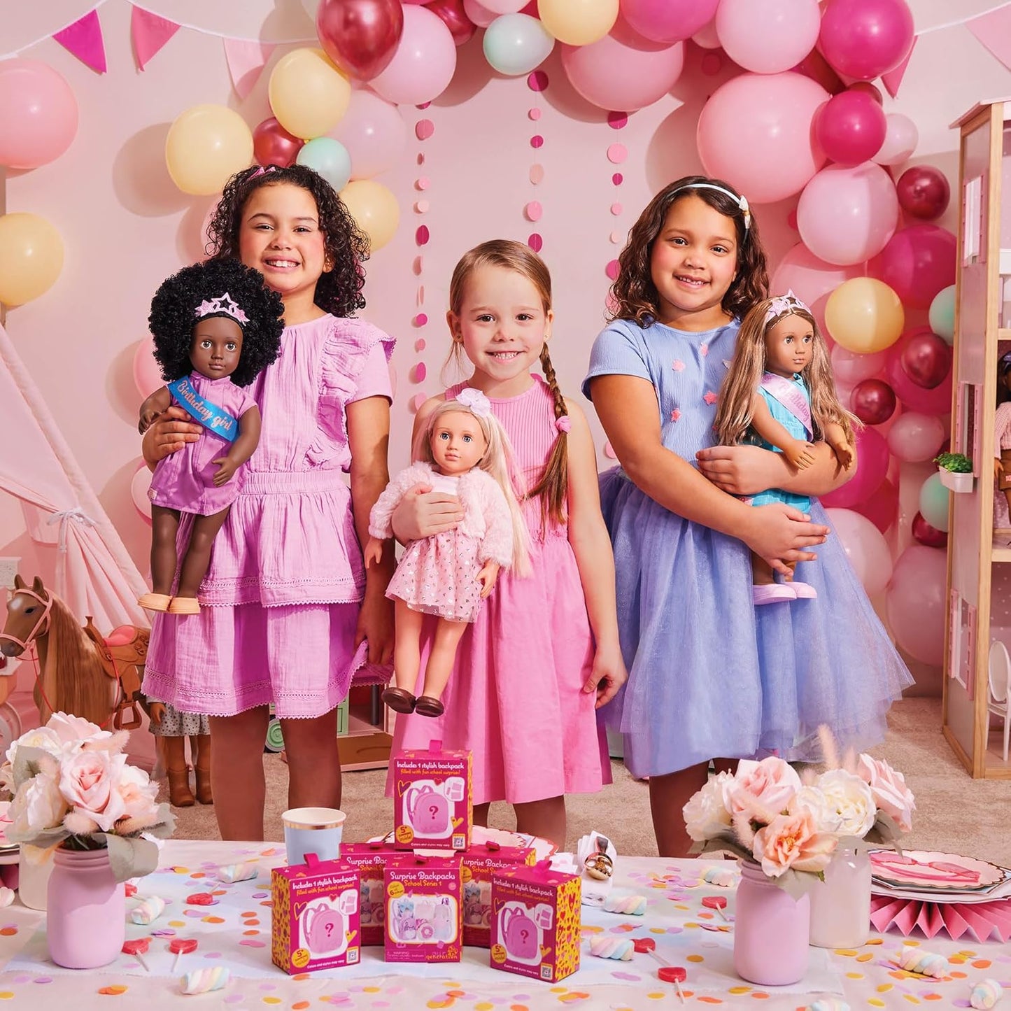 Muñeca Anita Girl de Nuestra Generación de 18 pulgadas, muñeca temática de fiesta de cumpleaños con globos y tiara, incluye juego de ropa y accesorios de 7 piezas