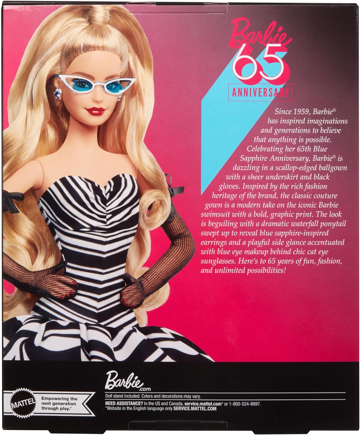 Barbie  Boneca Signature, colecionável do 65º aniversário com cabelo loiro, vestido preto e branco, brincos de safira e óculos de sol, HRM58