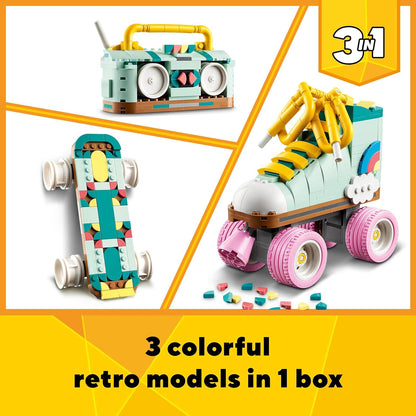 LEGO Creator 3 em 1 Retro Roller Skate para Mini Skate Toy para Boom Box Radio, conjunto para meninas, meninos e crianças de 8 anos ou mais, ótima decoração de mesa ou acessórios de quarto, presentes para amantes de música 31148