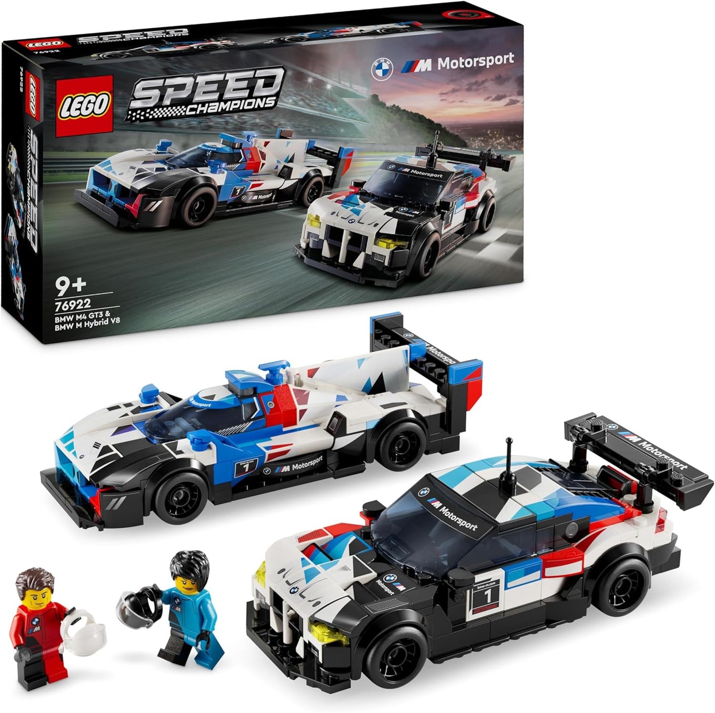 LEGO Speed Champions BMW M4 GT3 e BMW M Hybrid V8 brinquedos de carro de corrida para meninos e meninas de 9 anos ou mais, modelos de veículos edificáveis com 2 minifiguras de motorista, decoração de quarto infantil, ideia de presente de aniversário 76922