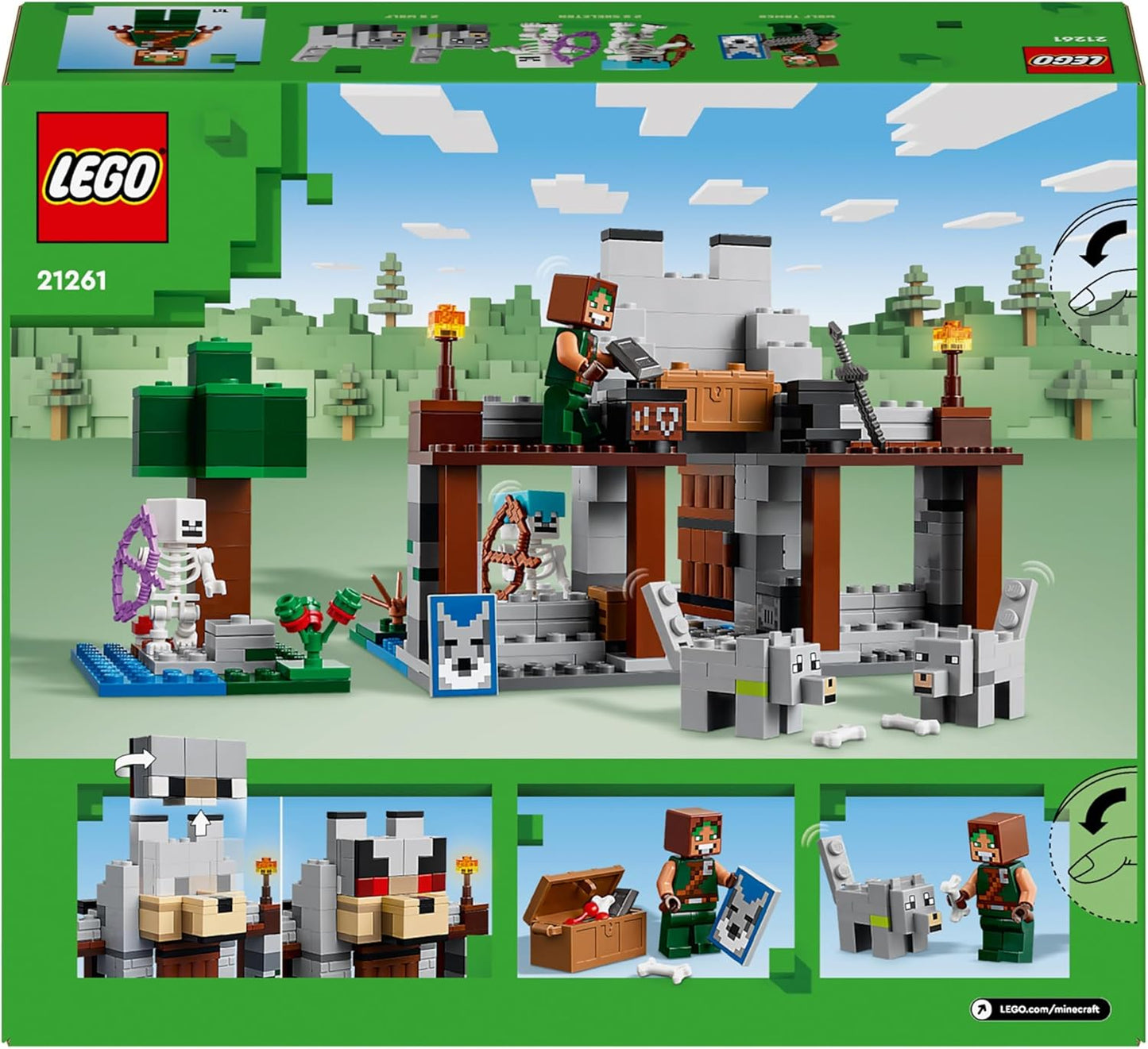 LEGO Conjunto de fortaleza Minecraft The Wolf Stronghold, brinquedo de construção para meninos e meninas de 8 anos ou mais, inclui mesa de artesanato, 2 figuras de esqueleto e lobo para ação de castelo, presente de aniversário para crianças 21261