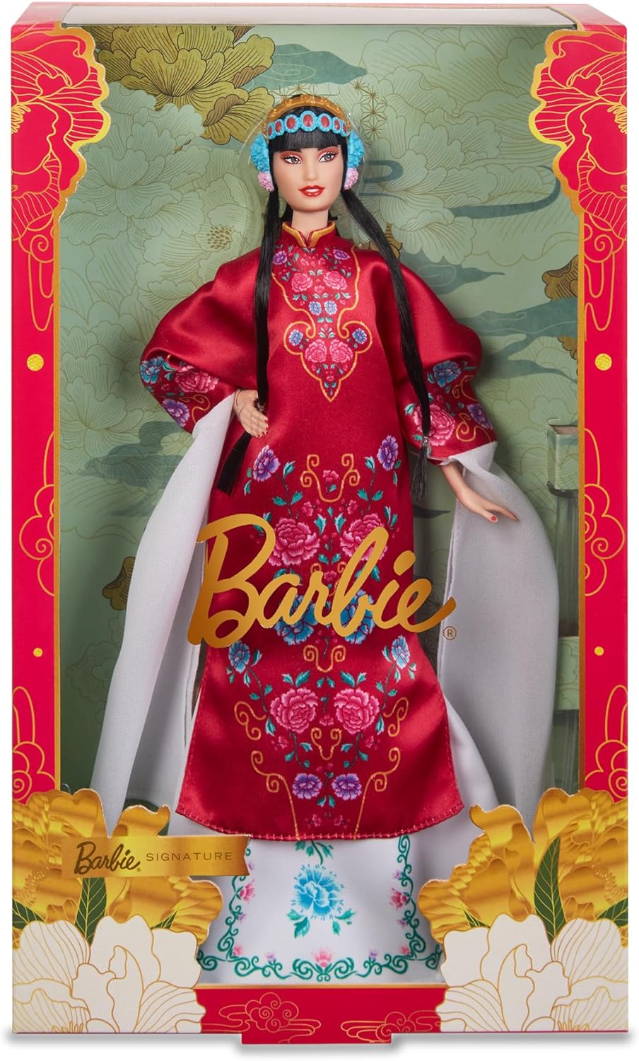 Barbie Boneca de Ano Novo Lunar exclusiva, colecionável em túnica floral vermelha com acessórios tradicionais inspirados na Ópera de Pequim, HRM57