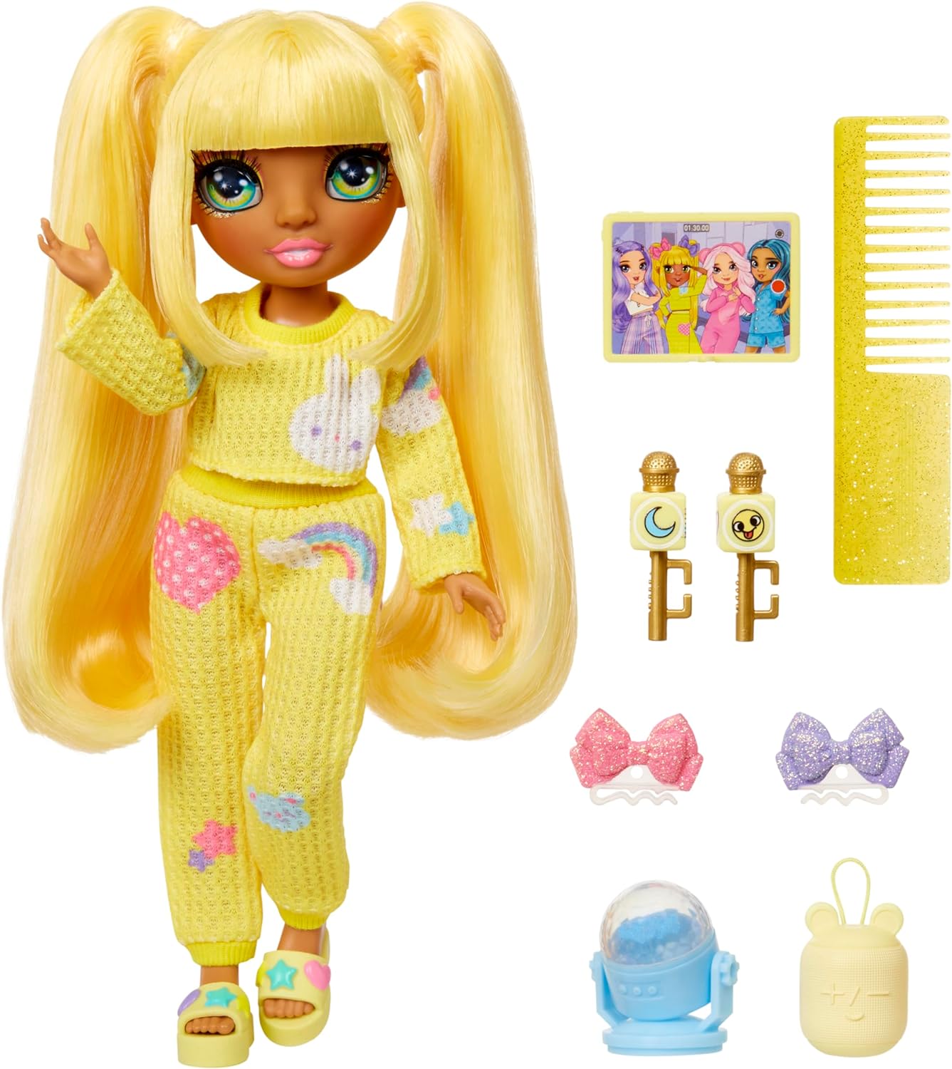 Rainbow High Junior High PJ Party - Sunny (Amarelo) - Boneca articulada de 22 cm com macacão macio, chinelos e acessórios para brincar - Brinquedo infantil - Ótimo para idades de 4 a 12 anos