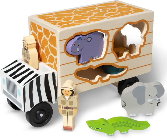 Melissa & Doug Caminhão de resgate classificador de formas de madeira com brinquedos de animais de zoológico e safari para crianças | Quebra-cabeças de madeira para crianças a partir de 2 anos | Criança montessoriana