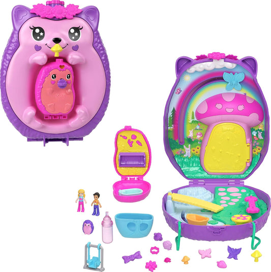 Brinquedo de viagem 2 em 1 Polly Pocket com 2 micro bonecas e 16 acessórios, conjunto de bolsa de ouriço com tema de animal de estimação, JBJ91