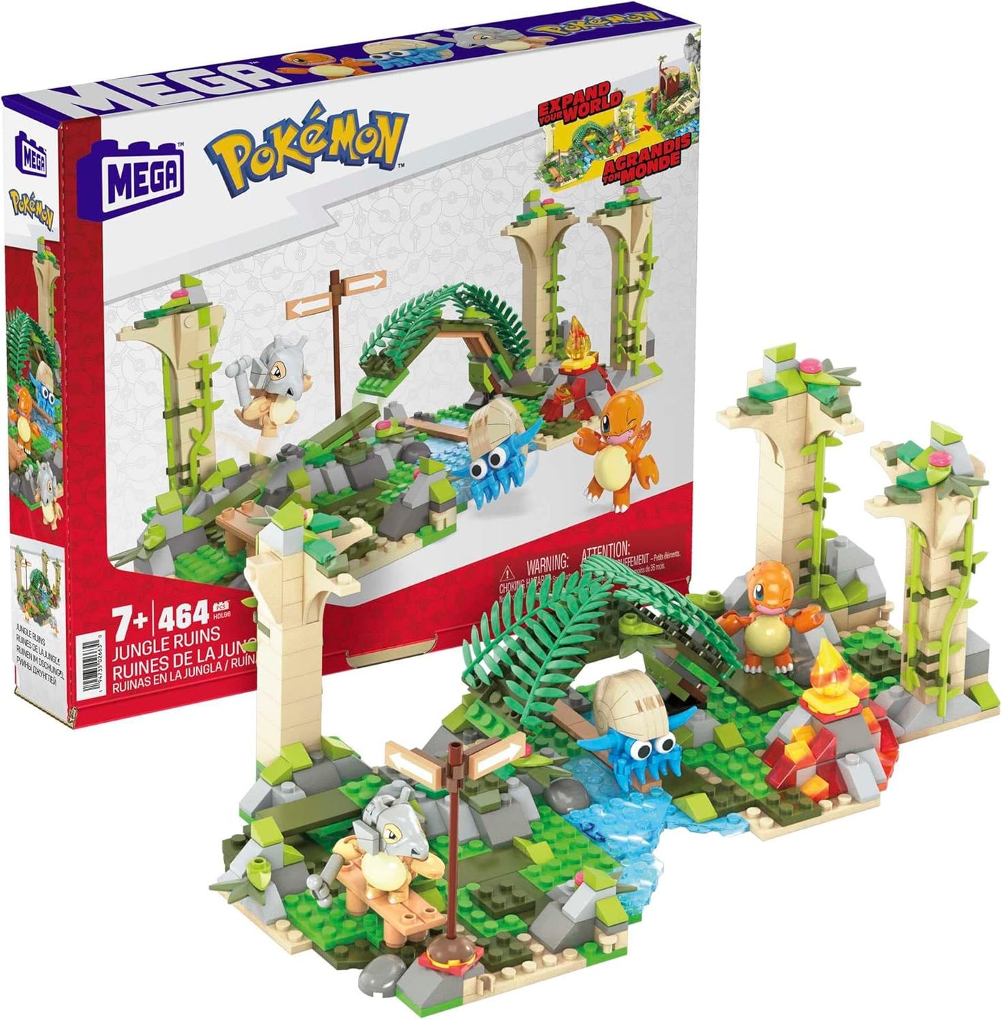 MEGA Conjunto de construção Pokémon Jungle Ruins, figuras de Cubone, Charmander e Omanyte, 464 tijolos e peças compatíveis que se conectam com outros mundos, conjunto de brinquedos para presentes para meninos e meninas