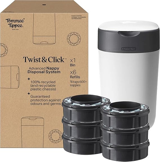 Tommee Tippee Twist and Click Nappy Bin Starter Set Filme antibacteriano, chassi 100% reciclado, branco