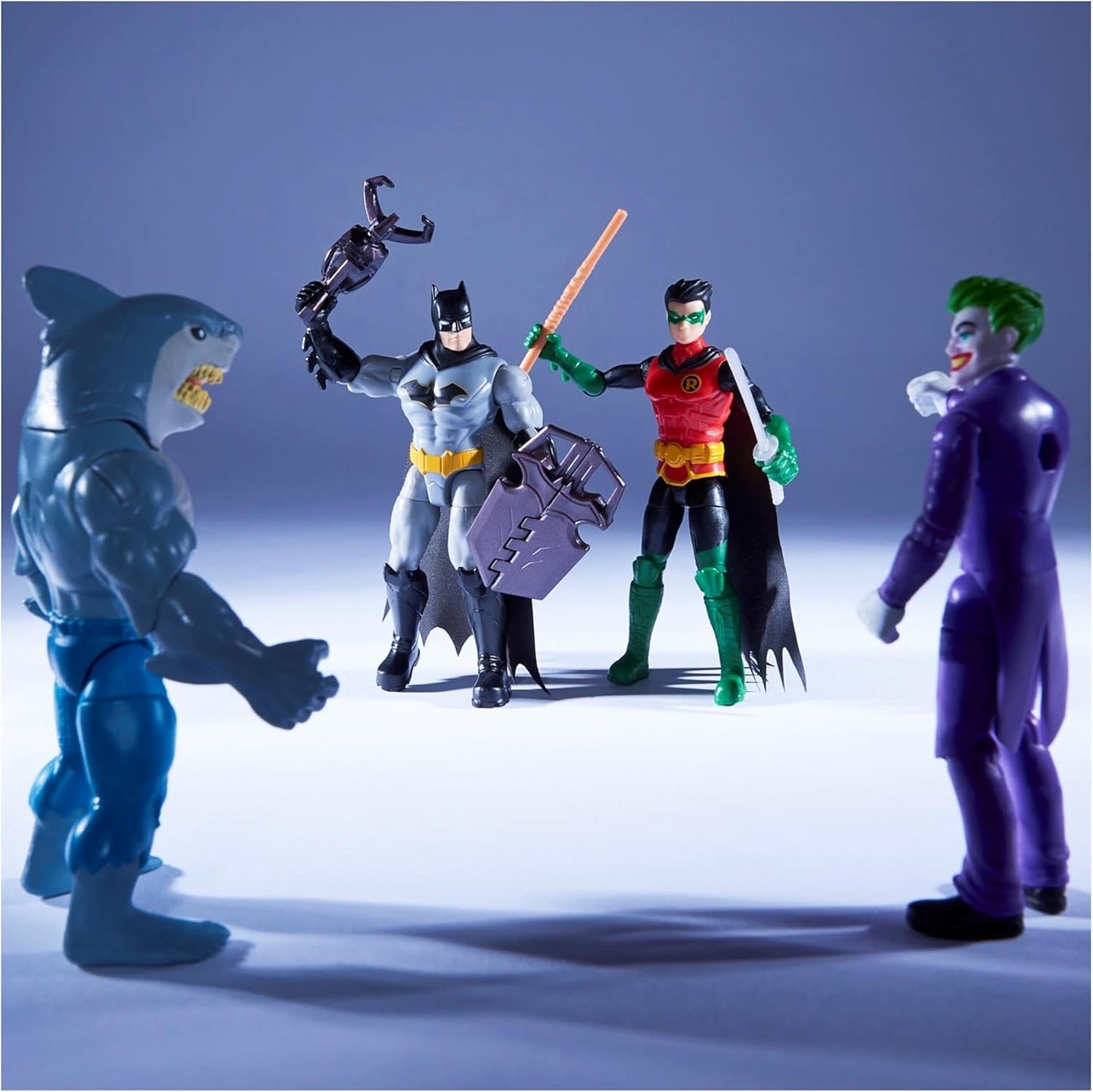 DC Comics, Batman e Robin vs. The Joker e King Shark, bonecos de ação de 4 polegadas, brinquedos infantis para meninos e meninas de 3 anos ou mais