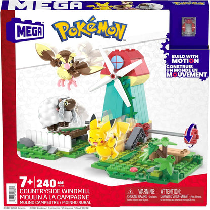 MEGA Conjunto de brinquedos de construção Pokémon, moinho de vento rural com 240 peças, movimento e 3 figuras de ação articuladas, para crianças, HKT21