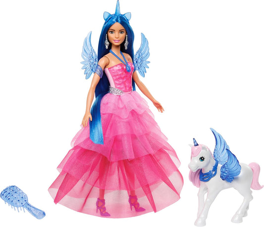 Barbie Unicórnio de brinquedo, boneca comemorativa do 65º aniversário com cabelo azul, vestido rosa e acessórios como asas de safira e alicórnio de estimação, HRR16