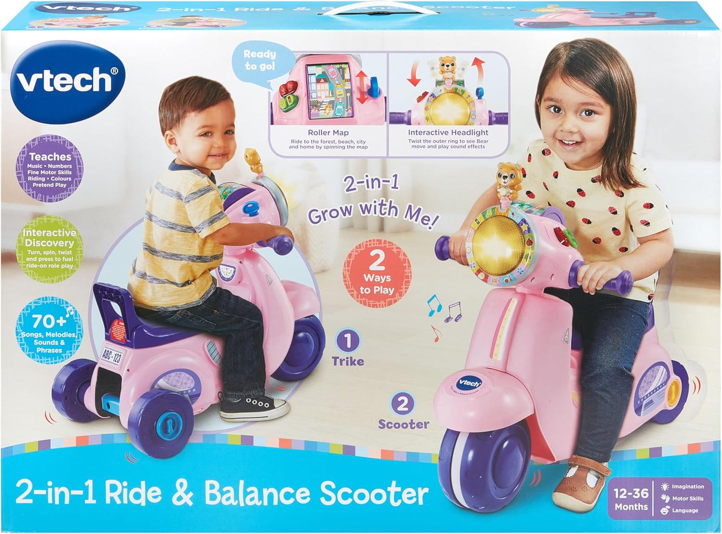 VTech  Patinete de passeio e equilíbrio 2 em 1 para bebês, azul, modo de bicicleta de equilíbrio e modo triciclo, farol iluminado, músicas, frases de segurança rodoviária e sons de patinete, brinquedo para crianças de 12, 18, 24 meses +, versão em inglês