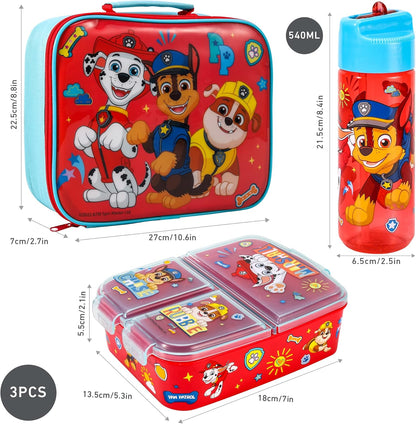 Zawadi Global Conjunto de lancheira infantil Paw Patrol Kids - lancheira isolada, lancheira com vários compartimentos e garrafa de água de 540 ml - conjunto de comida para almoço de viagem escolar, sem BPA