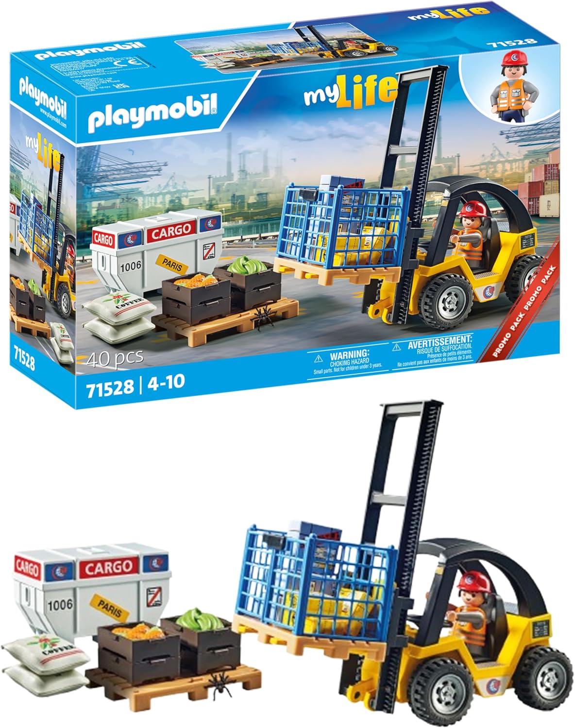 Playmobil Pacote promocional 71528 myLife: empilhadeira com carga, emocionante trabalho de logística no porto, incluindo paletes e vários itens de estoque, conjuntos de jogos detalhados adequados para crianças a partir de 4 anos