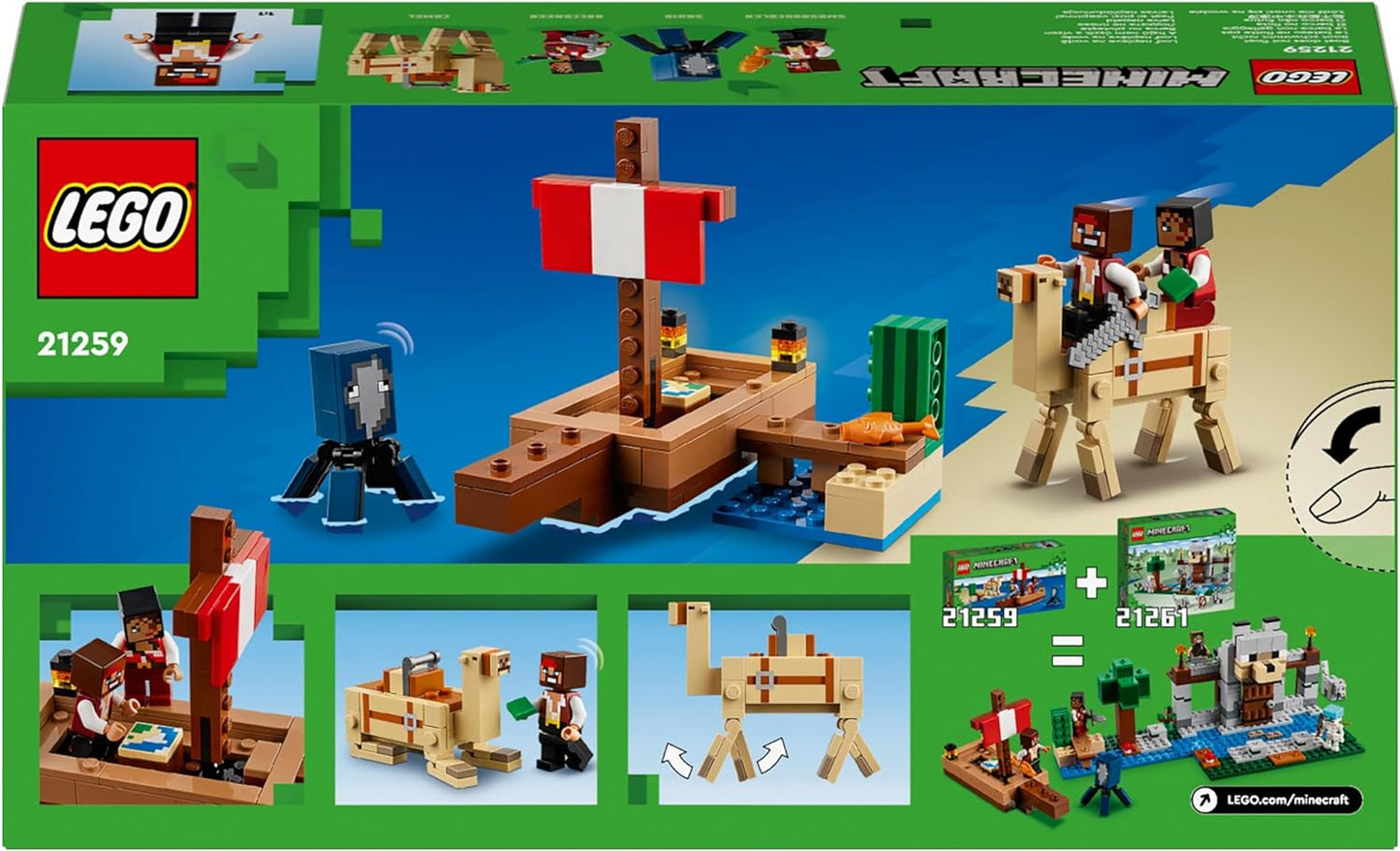 LEGO Minecraft The Pirate Ship Voyage Boat Toy Playset para crianças, conjunto de construção com figuras de lula, camelo e pirata, presente de jogador para meninos e meninas de 8 anos ou mais 21259