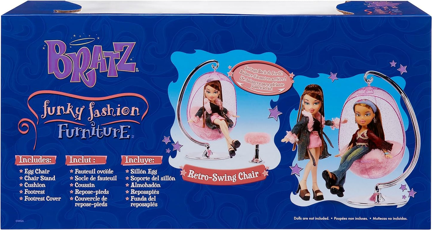 Bratz Conjunto de jogos e display de cadeira de balanço retrô com móveis de moda descolados com apoio para os pés, balanços para frente e para trás, cabe em bonecas de até 30 cm de altura, nostalgia Y2K, colecionadores de 6 7 8 9 10+