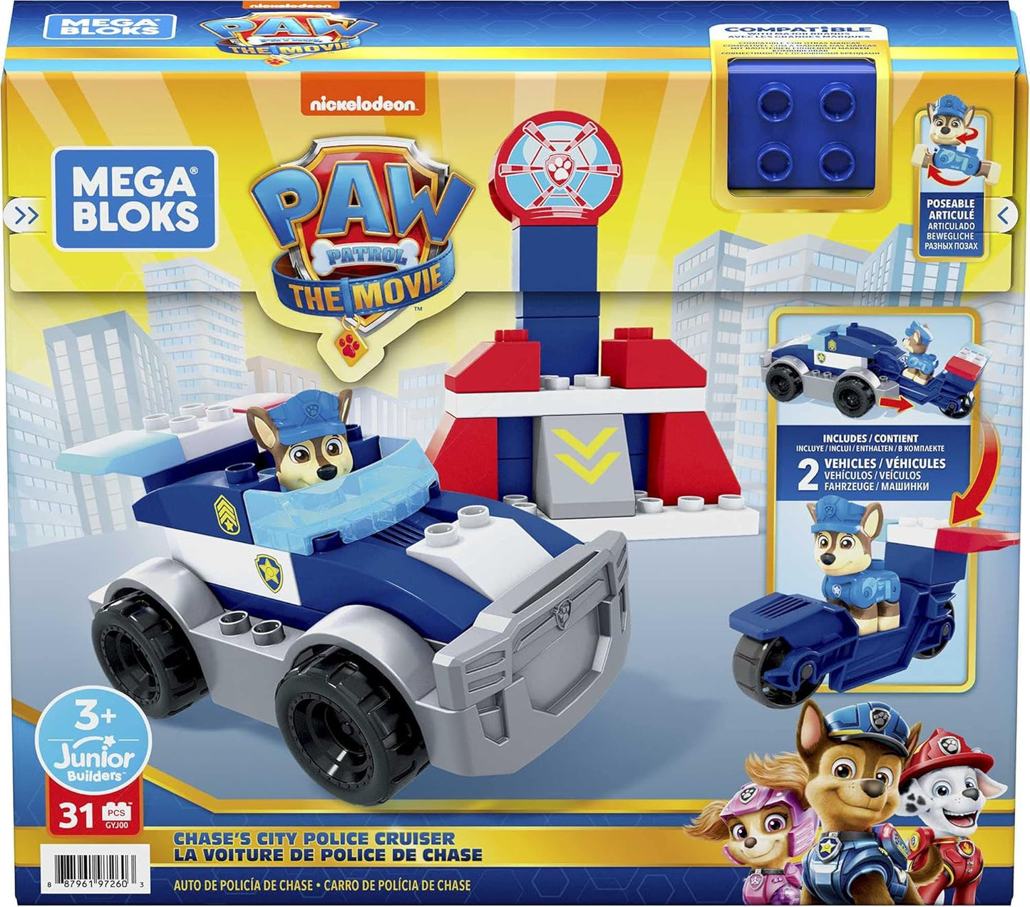 Mattel Mega Bloks PAW Patrol Chase's City Police Cruiser, 1 figura articulada de Chase, 30 mini blocos de construção, brinquedos de construção para crianças, maiores de 3 anos, GYJ00,