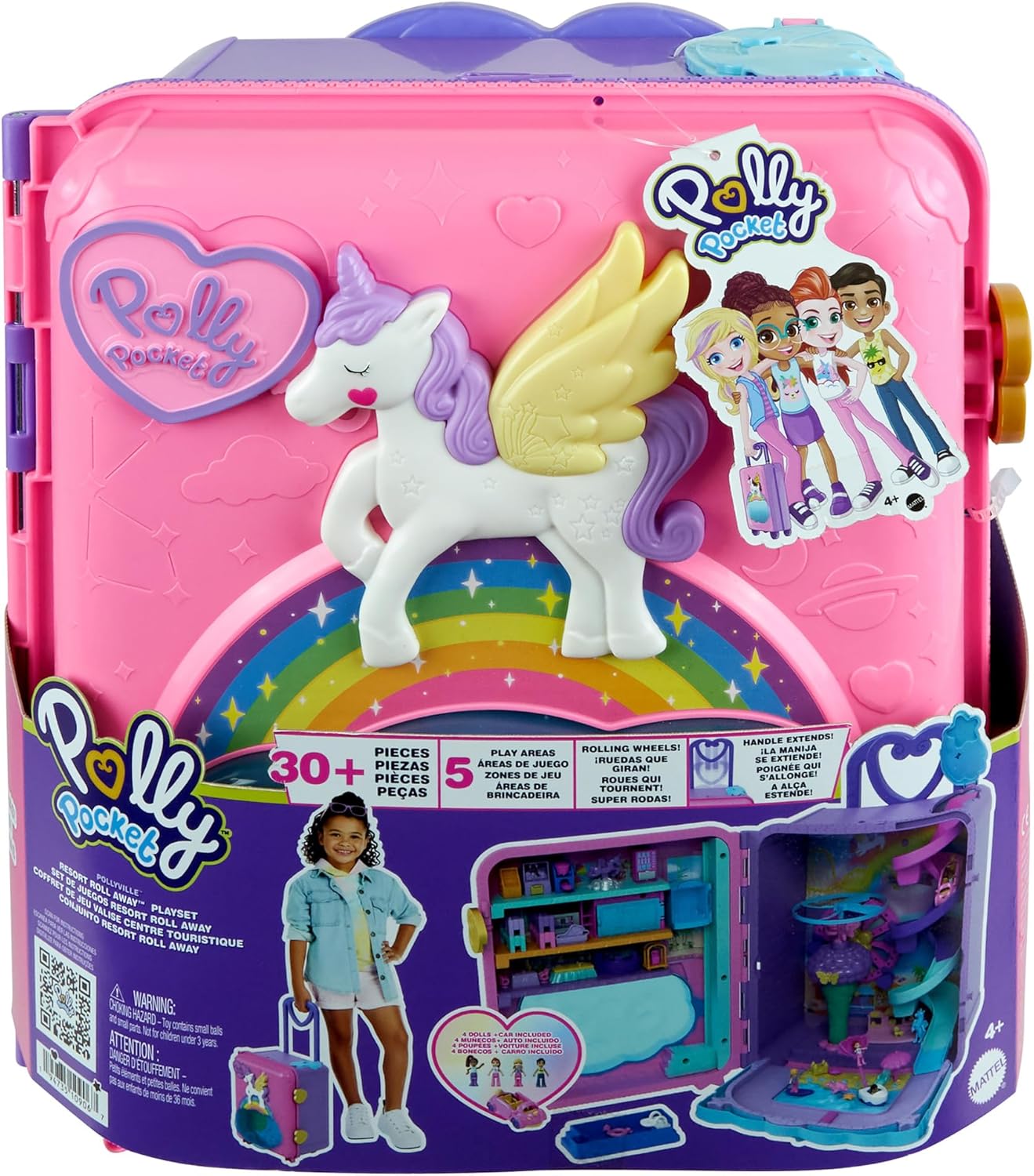 Polly Pocket Pollyville, conjunto de brinquedos Resort Roll Away com rodas giratórias, 5 áreas de lazer, 4 bonecas Polly Pocket, 1 veículo Polly Pocket, 30 acessórios de brinquedo, brinquedos para maiores de 4 anos, HKV43