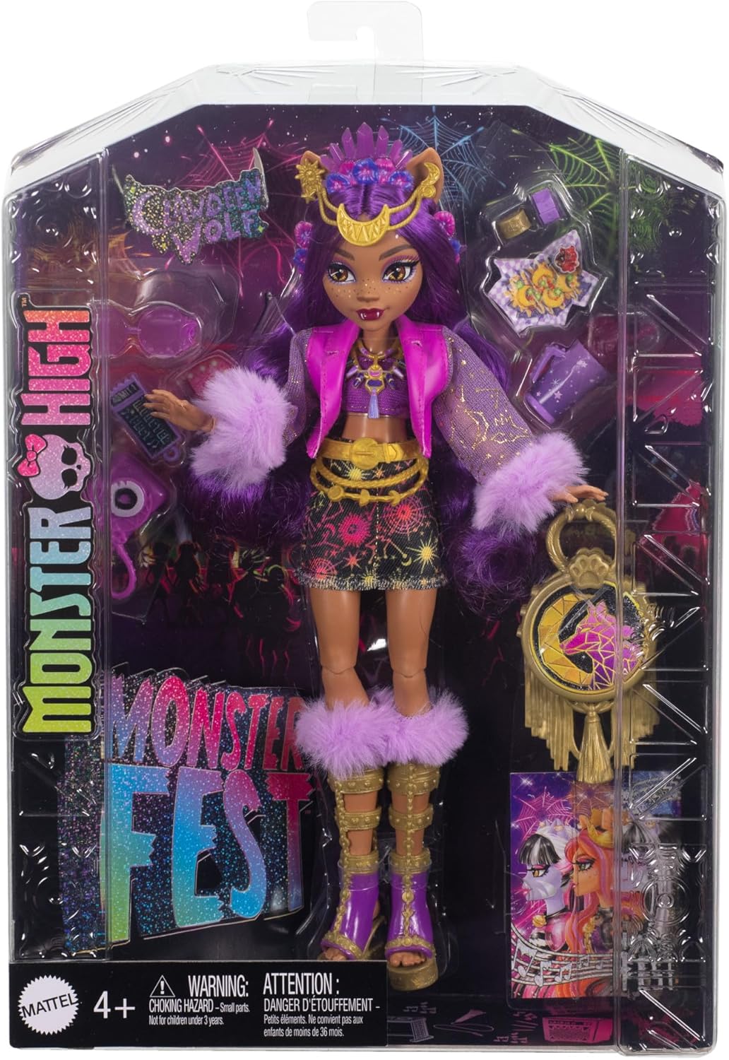 Monster High Boneca Clawdeen Wolf com roupa Glam Monster Fest e acessórios temáticos do festival, como lanches, pôster da banda, bolsa de declaração e muito mais