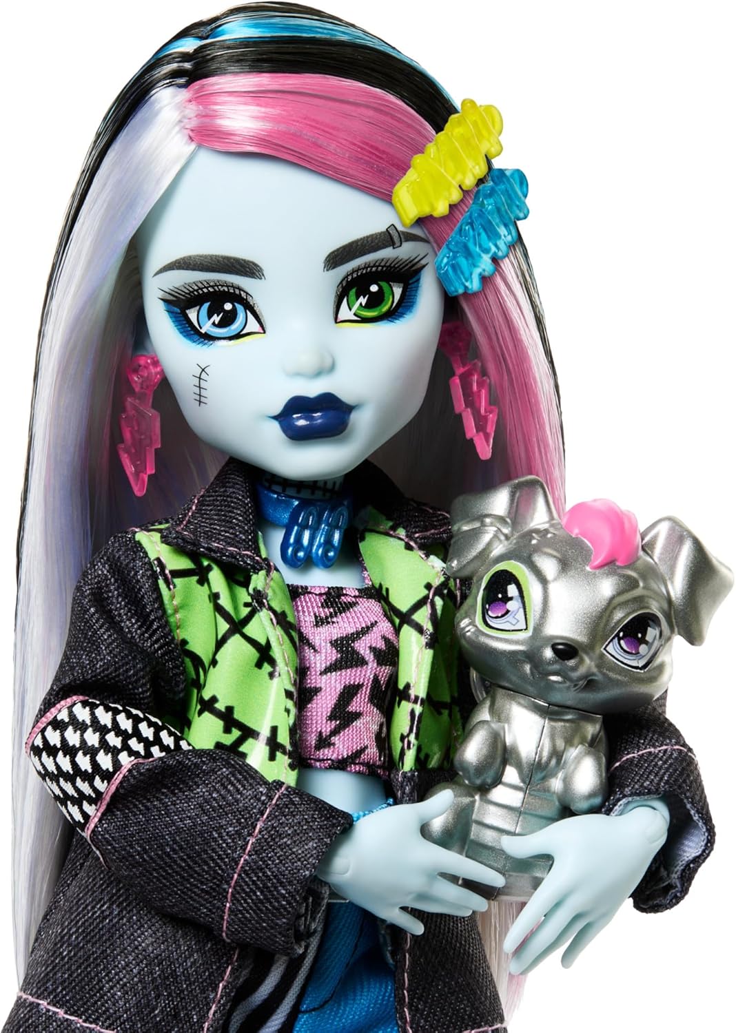 Monster High Boneca Frankie Stein em jaqueta jeans e shorts, inclui Watzie para cachorro de estimação e acessórios como mochila, lanche e caderno, HXH73