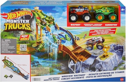 HOT WHEELS TOTAL Monster Trucks Wreckin’ Raceway Playset com Monster Trucks Bigfoot e Gunkster para competição frente a frente, brinquedo para crianças de 3 anos e OIder