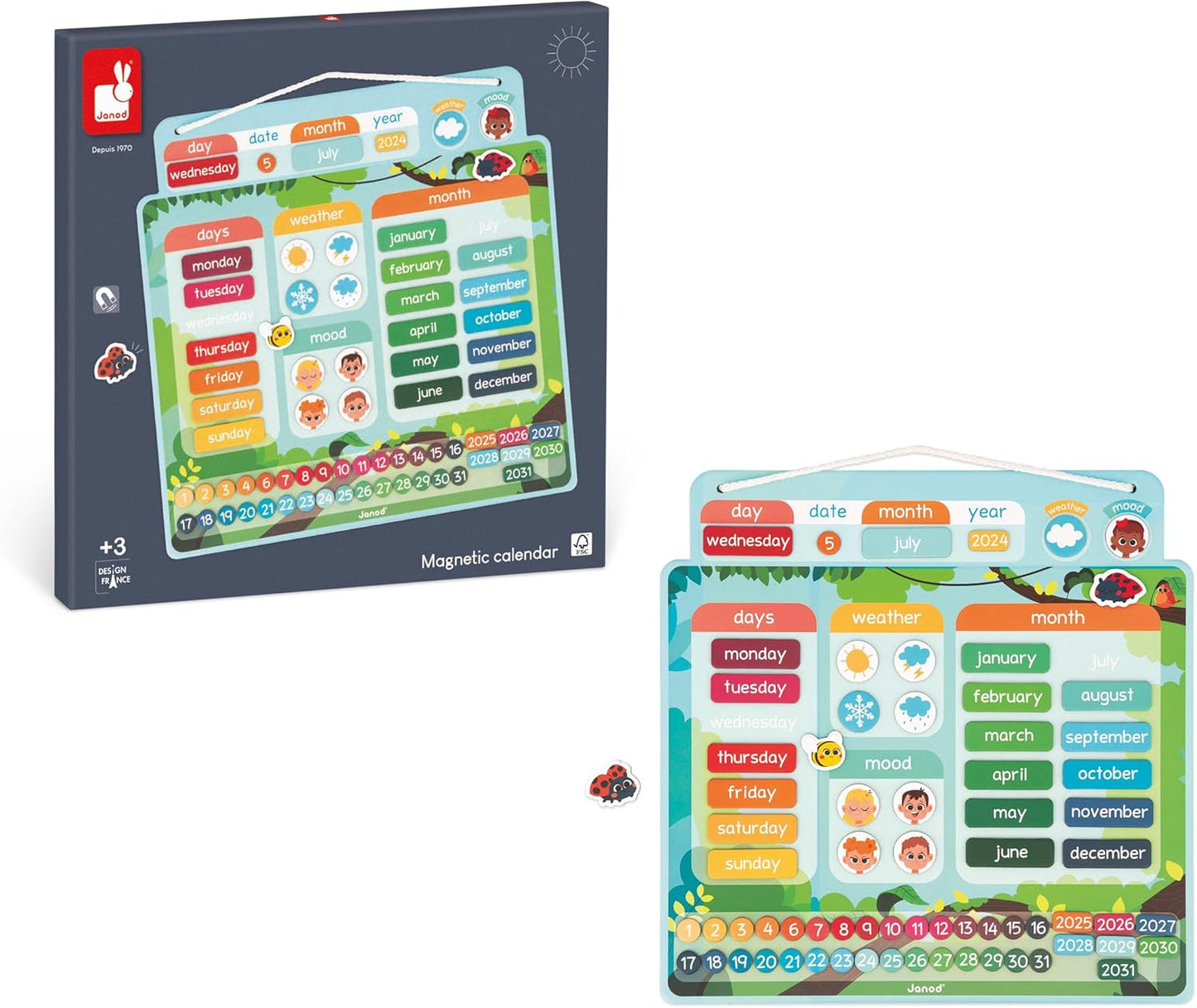 Janod J05459 Calendário Versão Francesa - 71 ímãs - Jogo Educacional - Entenda melhor o conceito de tempo e ganhe autonomia - Brinquedo de papelão FSC - a partir de 3 anos - J05459, Multicolor